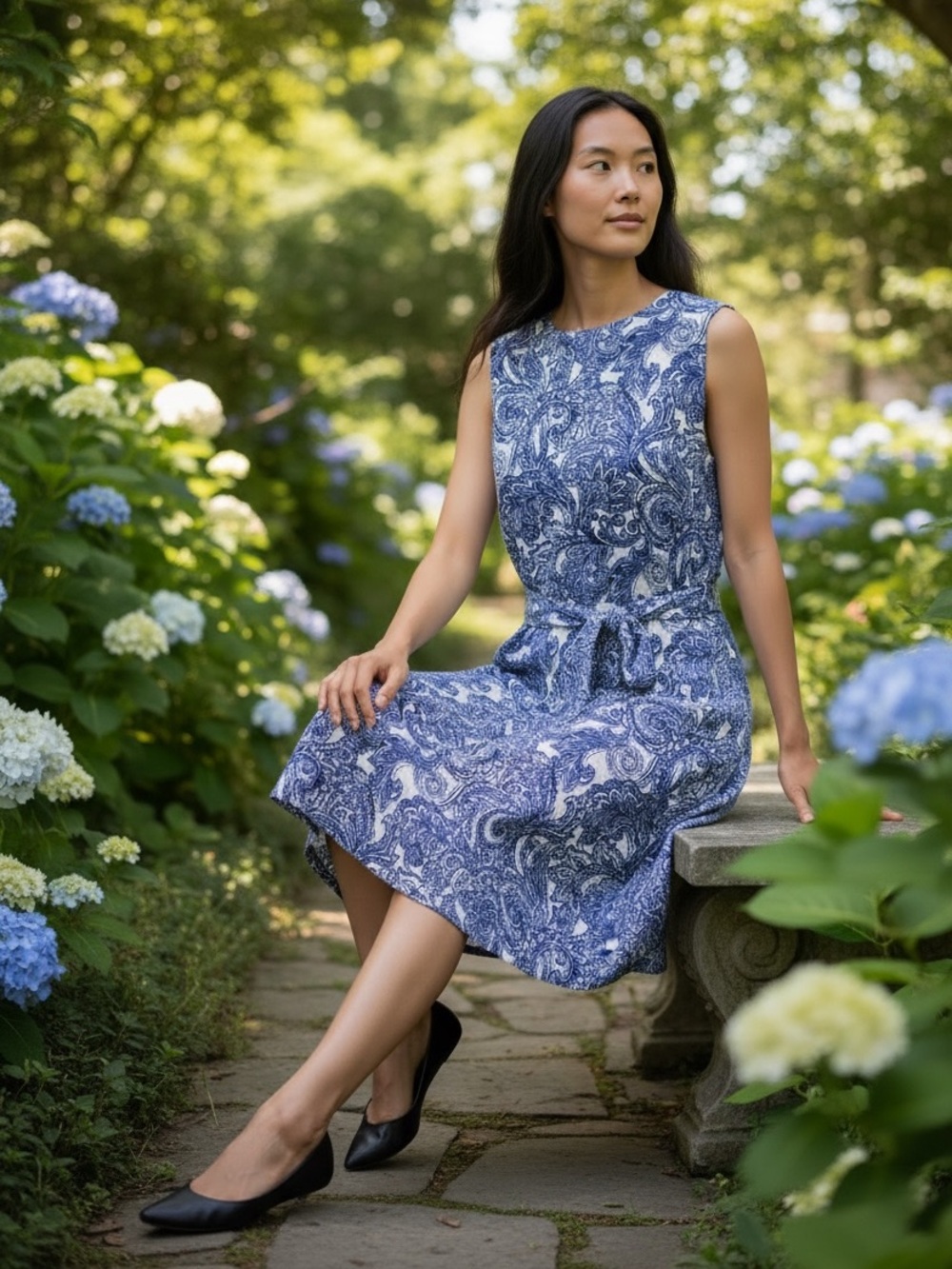 Anne Klein Fit & Flare Paisley Dress Size 16 Blue & White  w/ Belt Linen Blend - Picture 3 of 8
